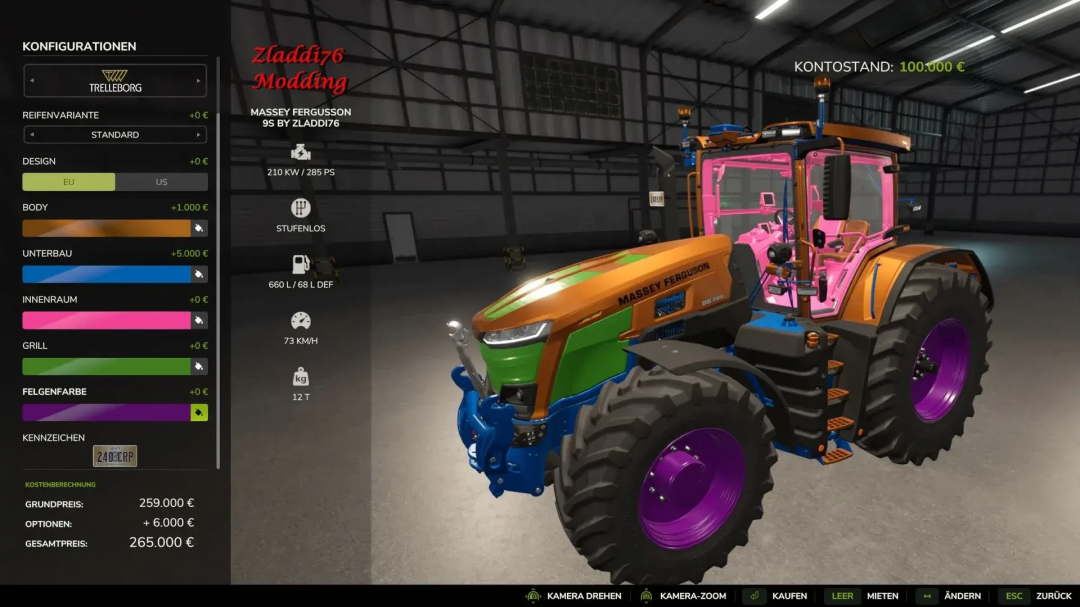 FS25 Massey Fergusson 9S mod by Zladdi76 with color customization options in a garage setting.