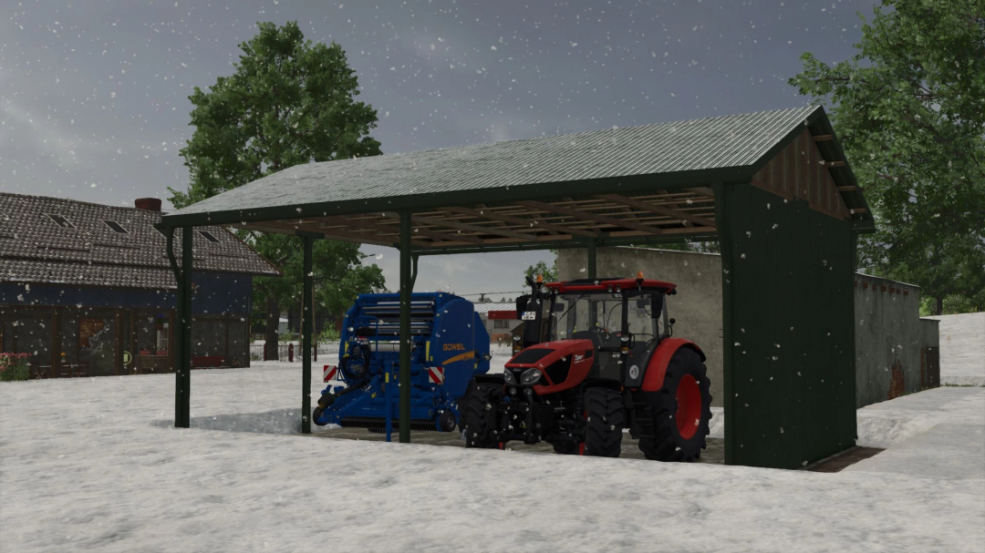 FS25 mod Metal Shed v1.0.0.0 with tractor and equipment inside, snow falling, trees and buildings in the background.