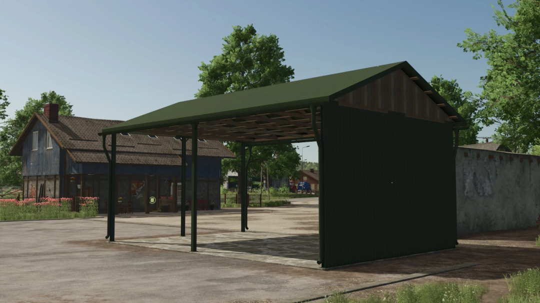 FS25 Metal Shed mod v1.0.0.0 shown in a farm setting, featuring a green open-air structure.