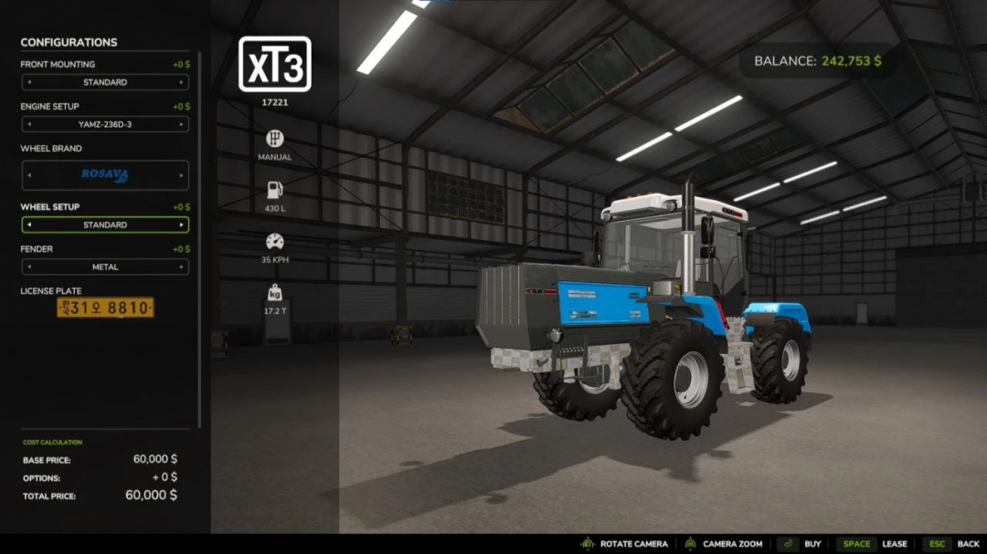 FS25 Moddir Wheels Fix v1.0.0.0 en Farming Simulator 25 mostrando un tractor XT3 en un taller con detalles de configuración en pantalla.