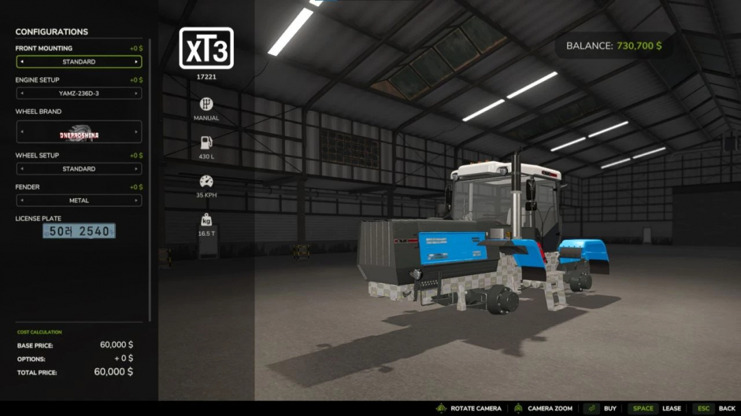 Screenshot of FS25 Moddir Wheels Fix v1.0.0.1 showing tractor configuration in Farming Simulator 25 garage.