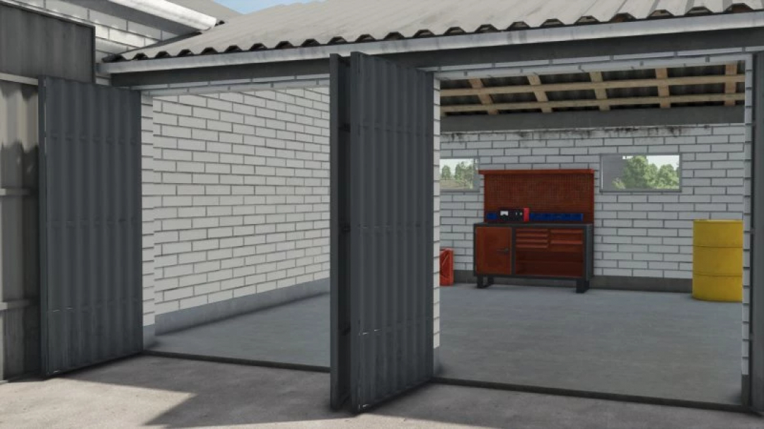 Modern barn with open garage doors in FS25 mod, showcasing interior and tools.