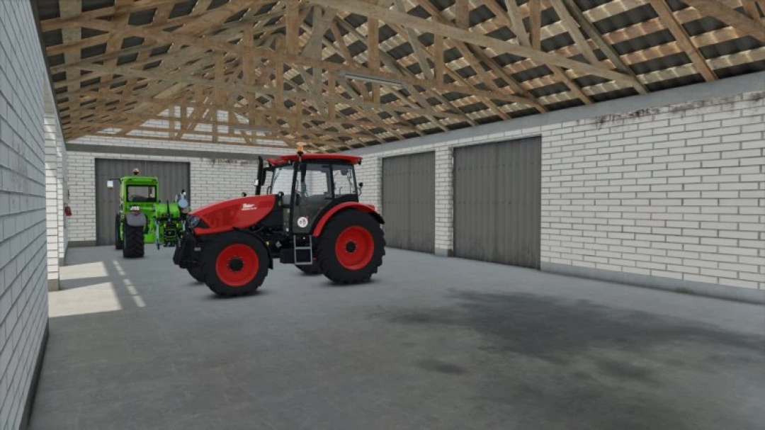 FS25 mods: Modern Barn with Garage v1.0.0.0 showcasing tractors inside, featuring white brick walls and a wooden ceiling.