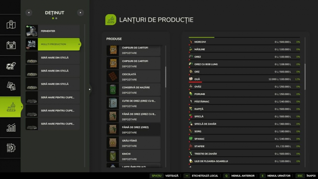 Farming Simulator 25 Multi Production mod interface showing production chain options and outputs like chips and chocolate.