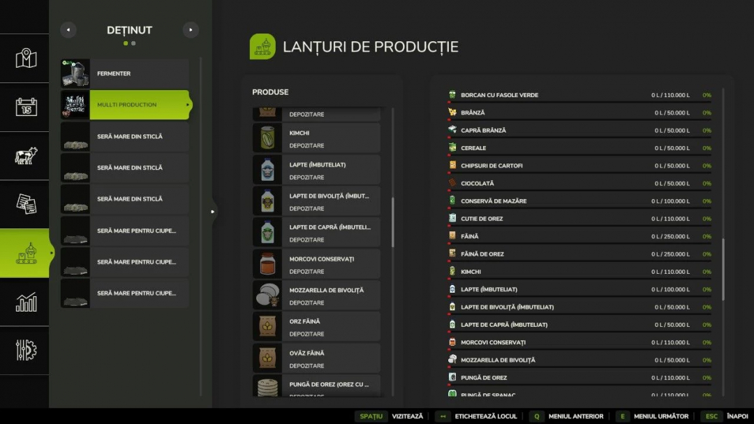 FS25 Multi Production mod menu showing production chains and product options.