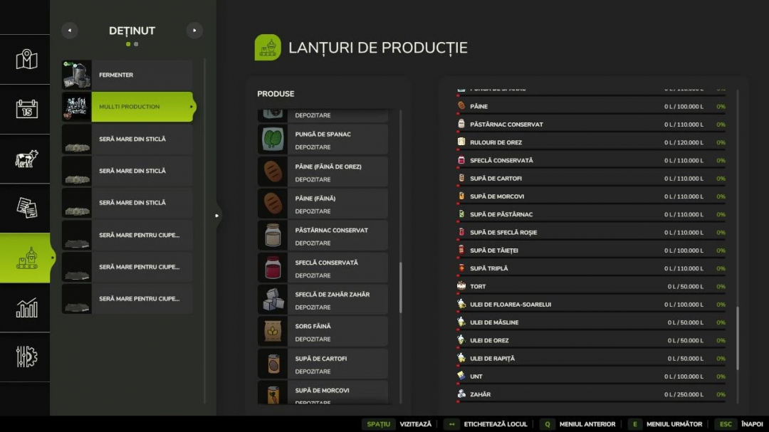 FS25 Multi Production mod interface showing various production chains and storage options.