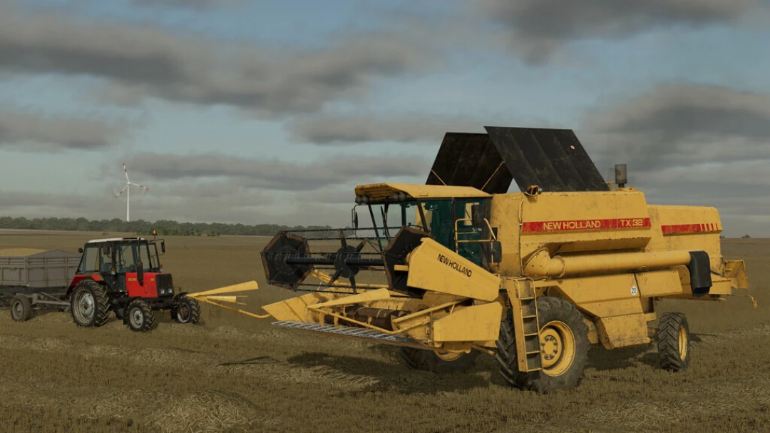 New Holland TX 32 combine harvester in a field, featured in FS22 mods.