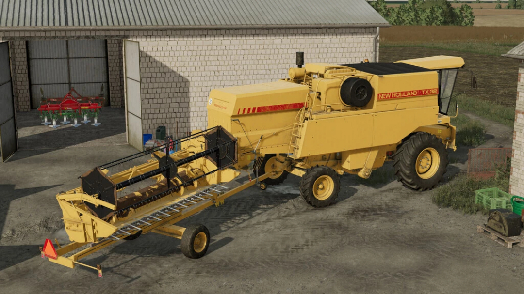 New Holland TX 32 combine harvester parked on a farm in FS22 mod.