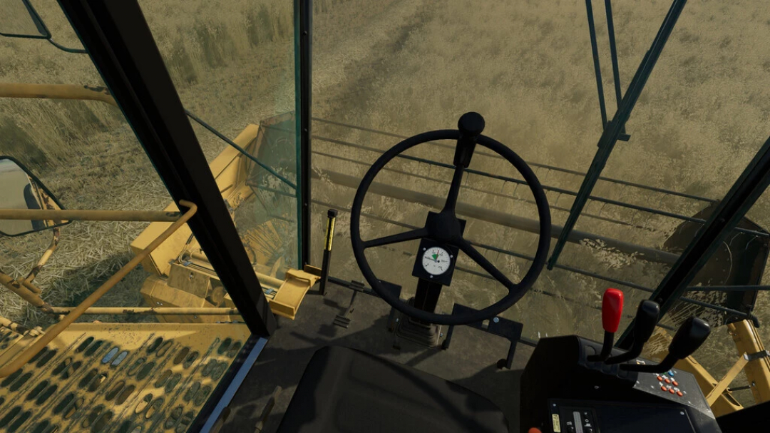 Interior view of New Holland TX 32 combine harvester in FS22 mod, showing steering wheel and controls.