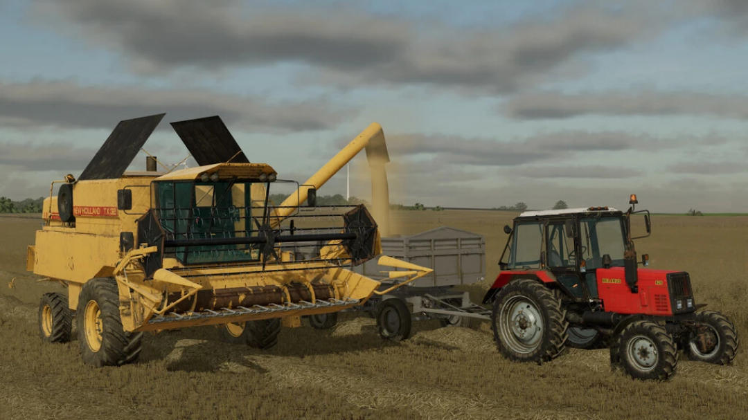 New Holland TX 32 combine harvester in FS22 mod unloading grain to a trailer in field.