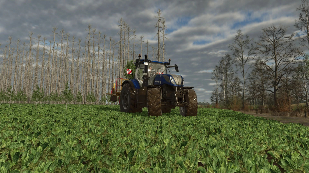 Mods FS25 No Tree Limit v1.0.0.0 montrant un tracteur bleu dans un champ luxuriant avec de grands arbres en arrière-plan.