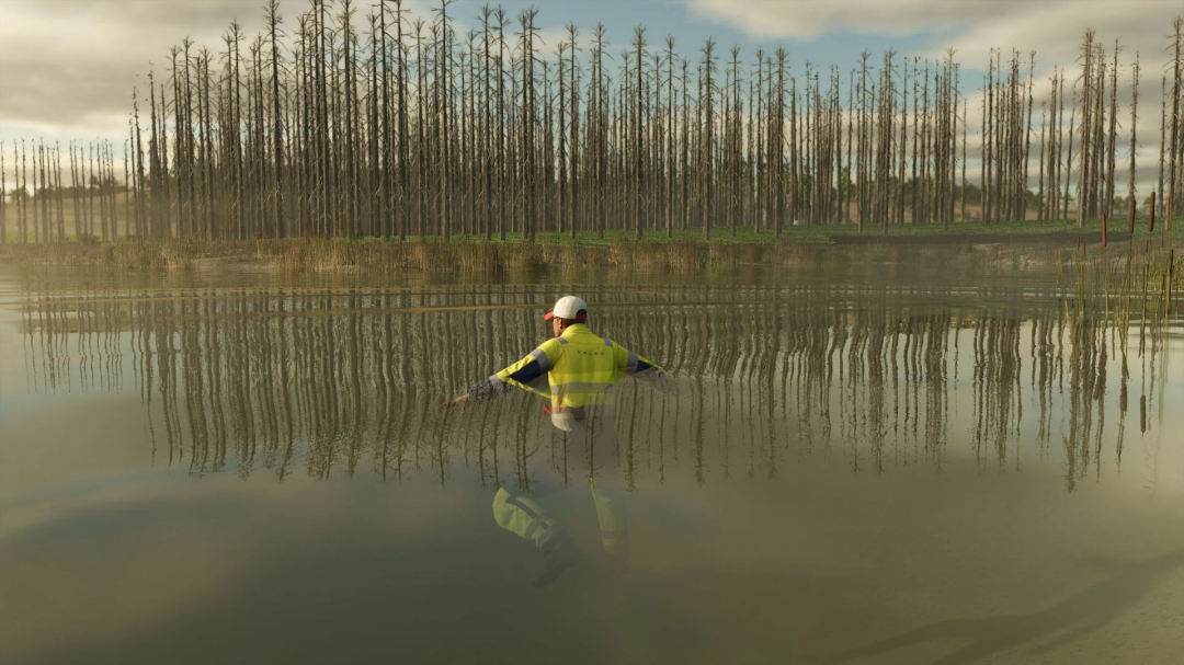 Mod No Tree Limit FS25 montre un homme traversant un lac près de la forêt dense.