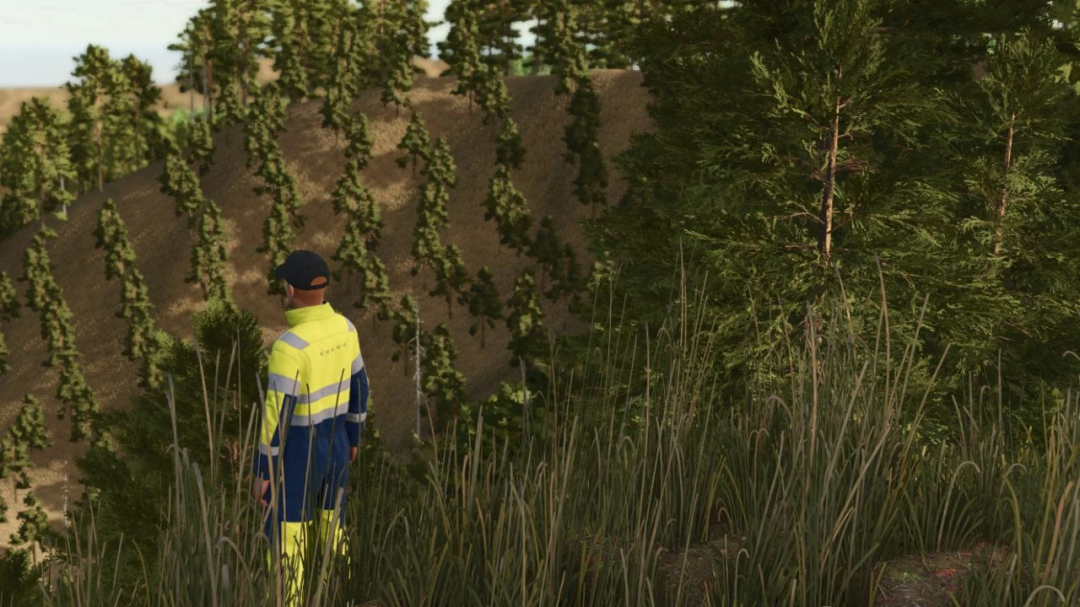 Player exploring forested hills in North Sweden mod for FS25.