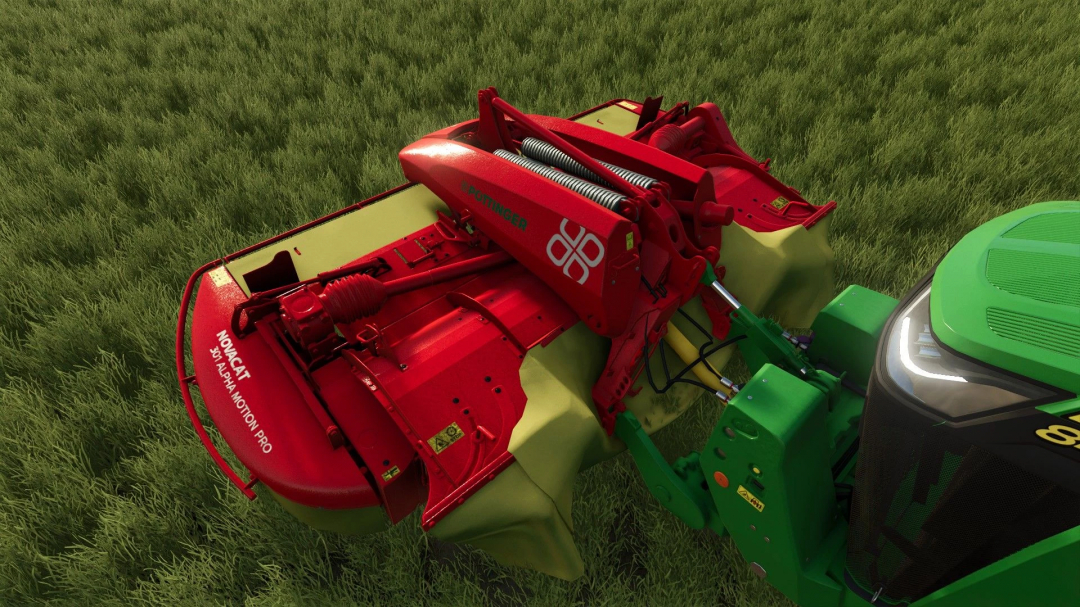 Novacat 301 Front Mower v1.0.0.0 mod in FS25, attached to a green tractor, features red machinery cutting grass.