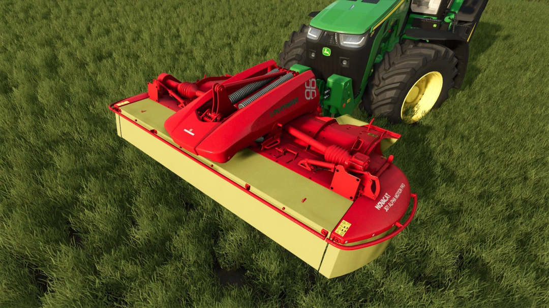 Novacat 301 Front Mower mod for Farming Simulator 25, attached to a green tractor on a grassy field.