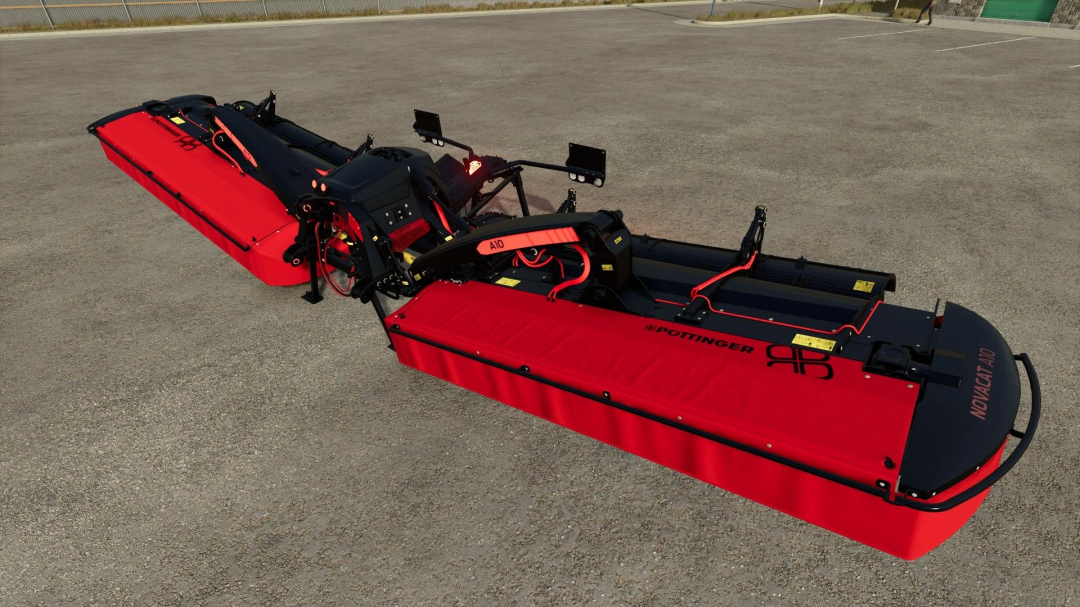 FS25 mod Novacat A10 Crossflow in black and red, v1.0.0.0 showcased on a farm, enhancing equipment variety.