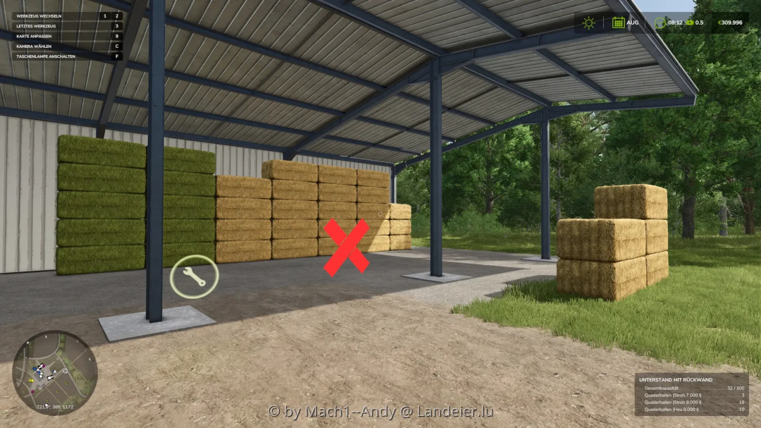 FS25 mods: Object Storages LE Edition v0.0.2.0 shows a barn with stacked hay bales and a red X marking in Farming Simulator 25.