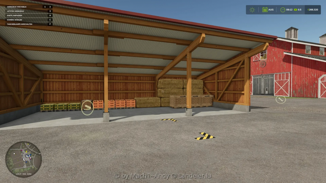 FS25 Object Storages LE Edition v0.0.2.0 mod showing a storage shed with hay bales and crates in Farming Simulator 25.