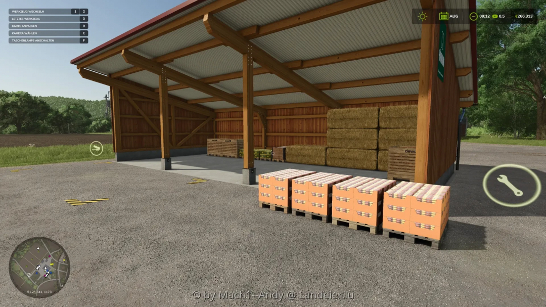 FS25 Object Storages LE Edition mod showing a storage area with pallets and hay bales.