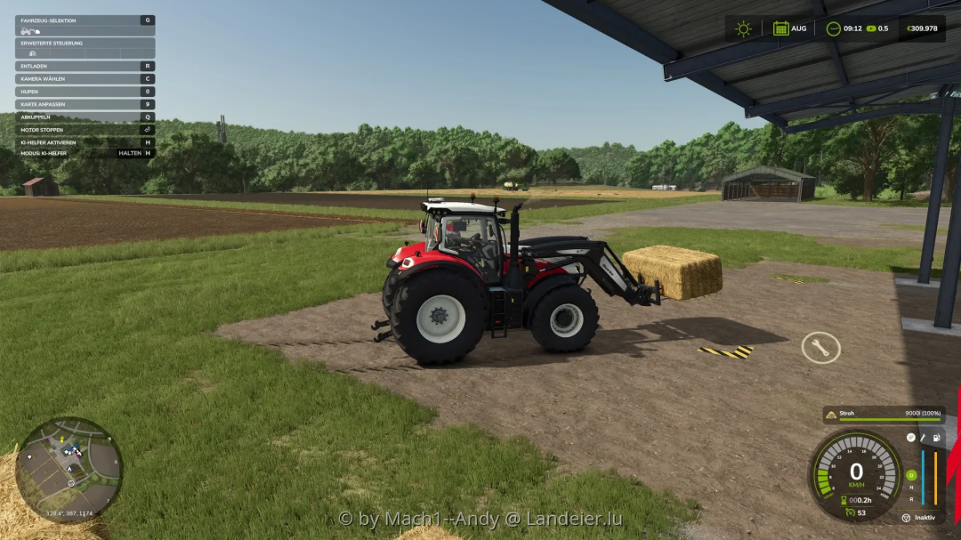 FS25 mod Object Storages LE Edition v0.0.2.0 showing tractor with hay bale on farm.