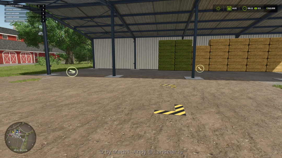 FS25 mods Object Storages LE Edition v0.0.2.0 showing storage shed with hay bales.