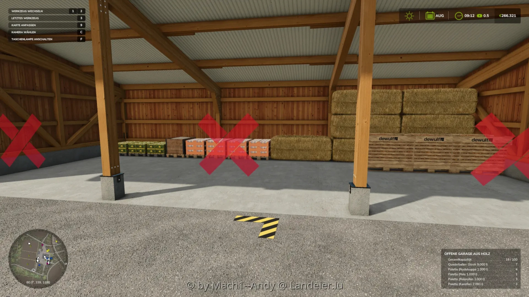 FS25 mods: Object Storages LE Edition v0.0.2.0 showing a wooden storage area with hay bales and crates inside, marked with red crosses.