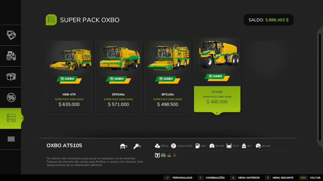 Oxbo Pack Edit v1.0.0.0 in FS25, showcasing various farm equipment mods with prices, including MKB-4TR, EPD540e, BP2140e, and AT5105.