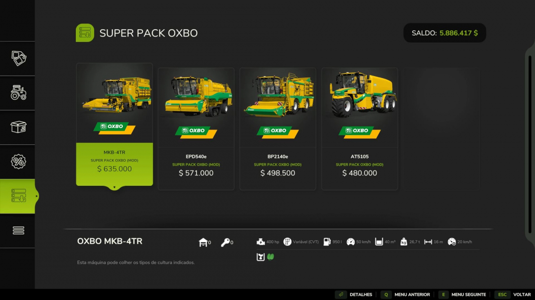 FS25 Oxbo Pack Edit v1.0.0.0 mod showcasing vehicles with prices in Farming Simulator 25.