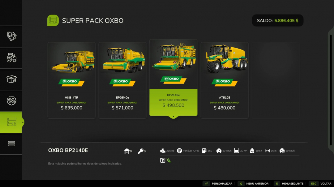 FS25 Oxbo Pack Edit v1.0.0.0 showing MKB-4TR, EPD540e, BP2140e, and AT5105 mods with prices in Farming Simulator 25.