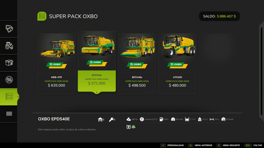 FS25 mods Oxbo Pack featuring MKB-4TR, EPD540e, BP2140e, and AT5105 with prices in Farming Simulator 25.