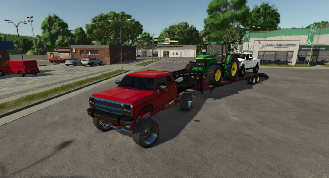 FS25 mod: PJ 40FT Gooseneck Flatdeck v1.0.0.0 showcasing a red truck towing a trailer with tractors in Farming Simulator 25.