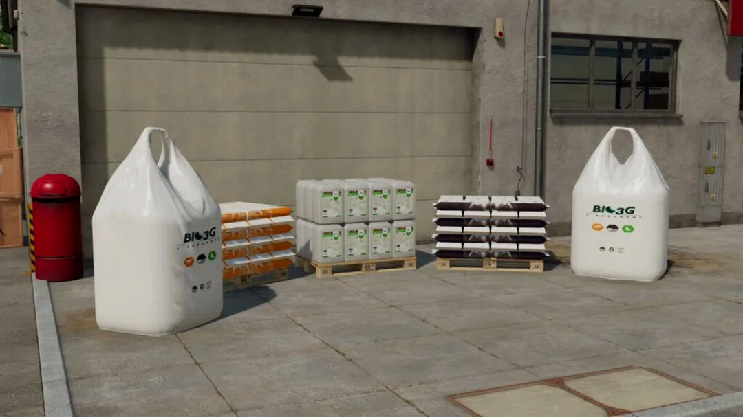 FS22 mod Pack BIO3G v1.0.0.0 showing large and small farming supply bags and pallets against a building.