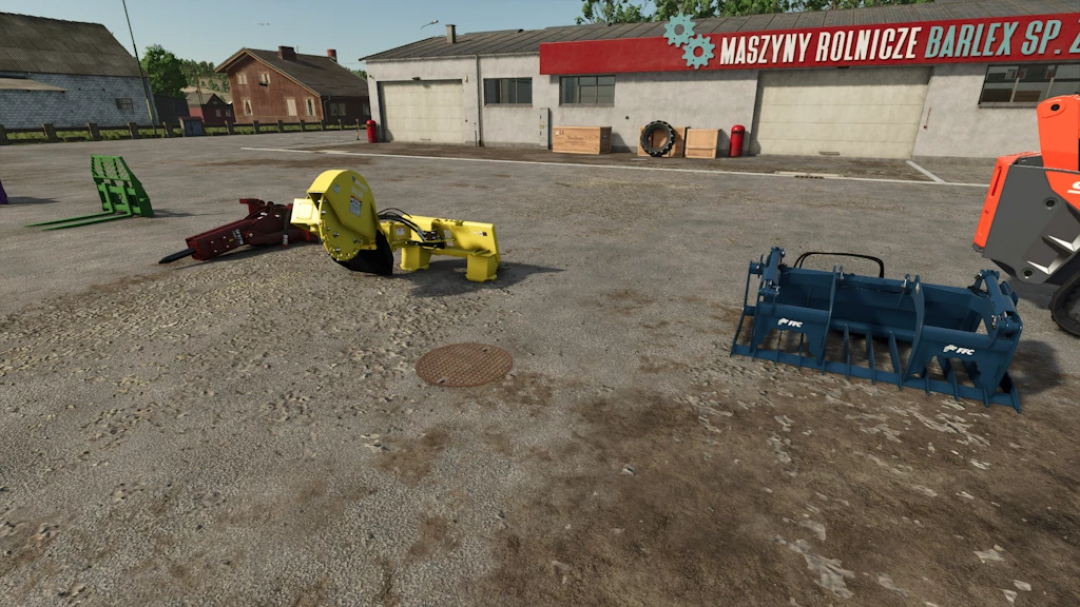 FS25 Paladin Pack 1.1.0.0 mods displayed in a parking lot with different colored equipment. Farming Simulator 25 mods showcase.