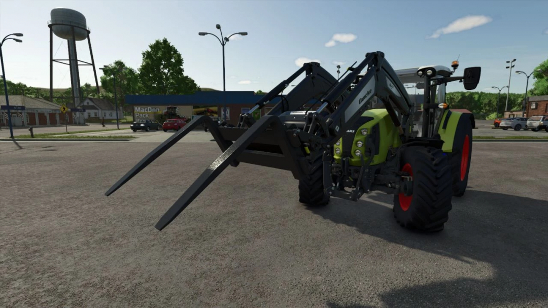 FS25 Pinchos Porta Sacos mod showing large tractor forks in Farming Simulator 25.