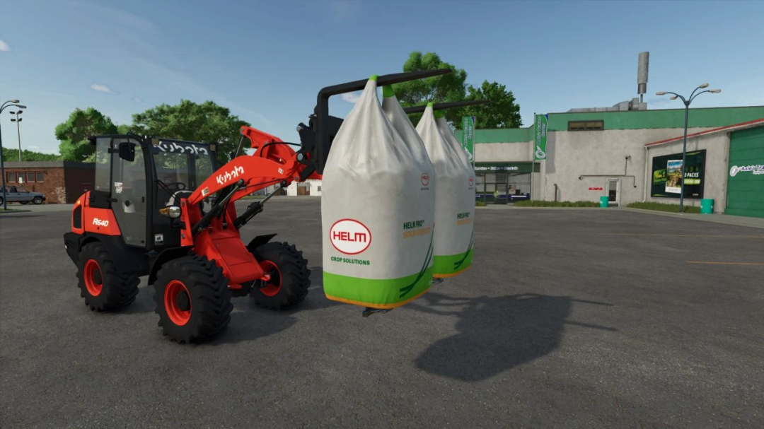 FS25 mod Pinchos Porta Sacos v1.0.0.0 showing a loader lifting large bags labeled 'HELM Crop Solutions' in Farming Simulator 25.