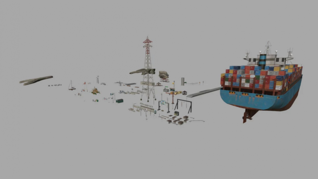 FS25 mod Prop pack V1.0.0.0 featuring varied structures like a cargo ship, cranes, and telecommunications tower.