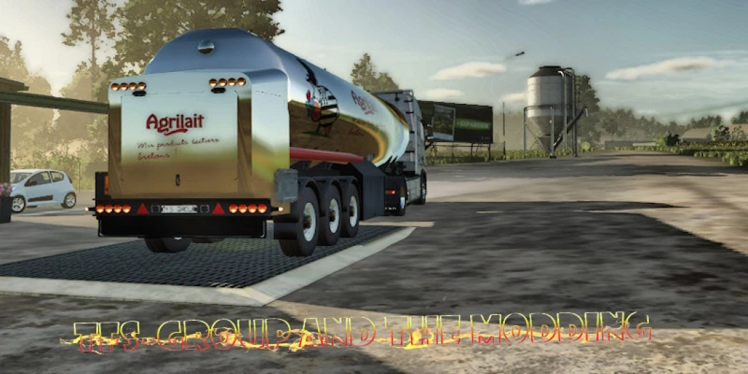 FS25 mod REMORQUE CITERNE AGRICOLE AGRILAIT v1.0.0.0, featuring a shiny agricultural tanker trailer parked on a farm road. Farming Simulator 25 mods.