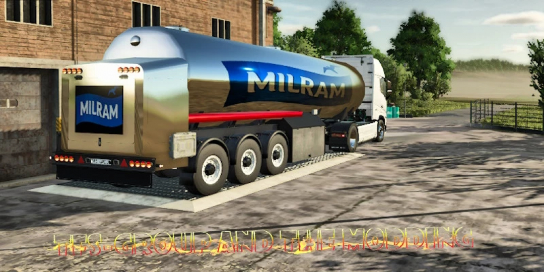 FS25 mod REMORQUE CITERNE AGRICOLE MILRAM v1.0.0.0: a Milram-branded tanker trailer parked near a farm in Farming Simulator 25.