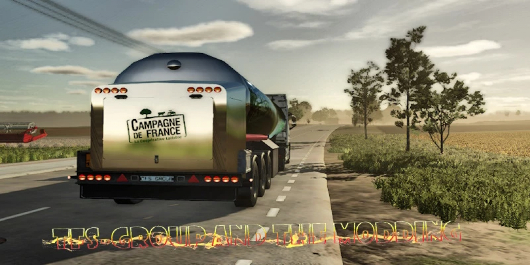 FS25 mod image showing REMORQUE CITERNE AGRICOLE v1.0.0.0 tanker trailer on a rural road, with fields in Farming Simulator 25.