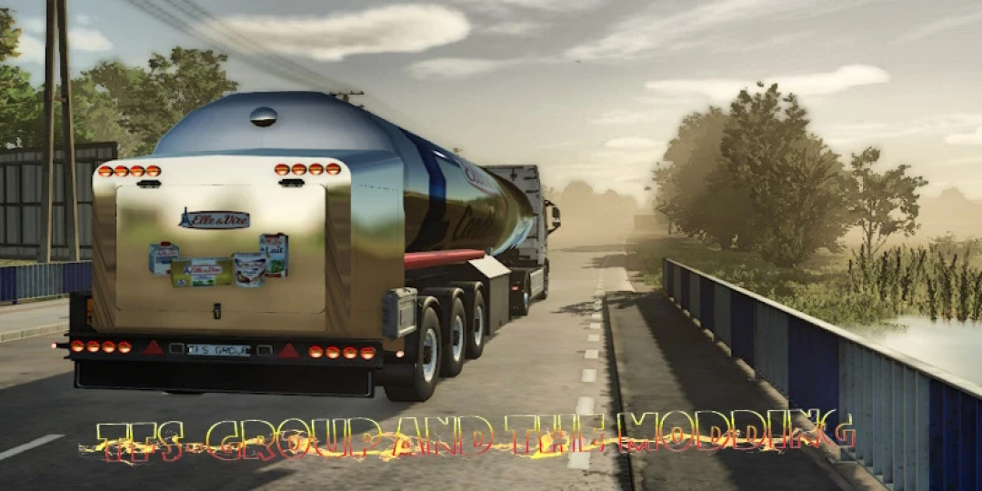 FS25 mod showing Elle et Vire agricultural tanker trailer on a rural road.