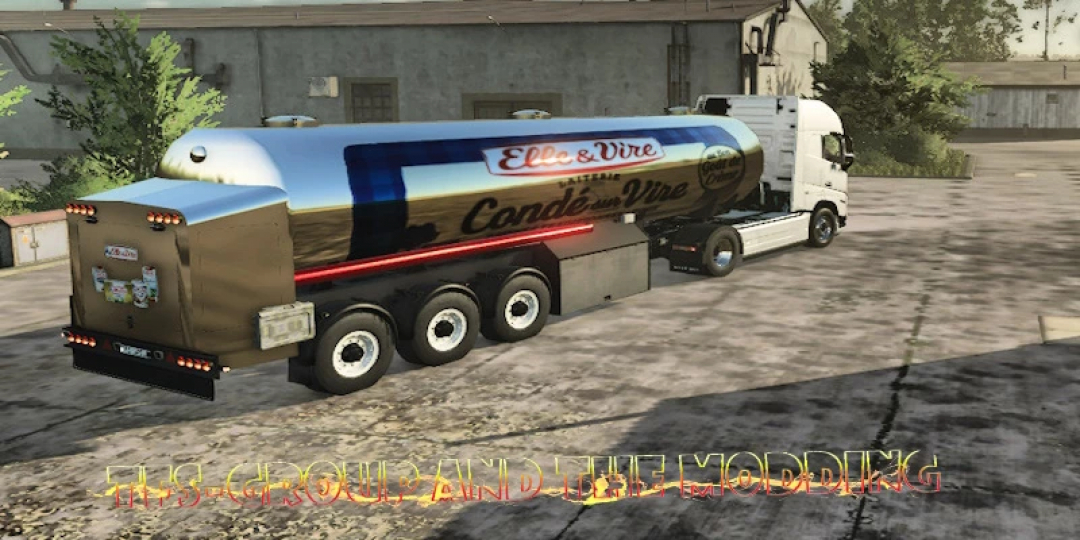 FS25 mod REMORQUES CITERNE AGRICOLES ELLE ET VIRE v1.0.0.0 shows a tanker truck with branded graphics in Farming Simulator 25.