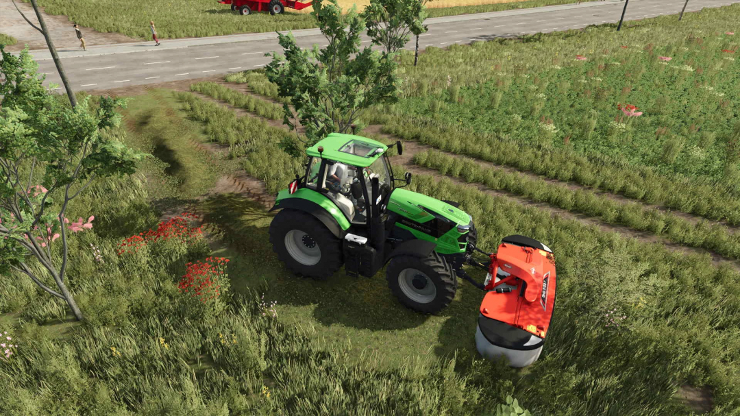 FS25 mod Real Mower v1.0.0.0 shows a green tractor with an orange mower in a field, enhancing Farming Simulator 25 gameplay.