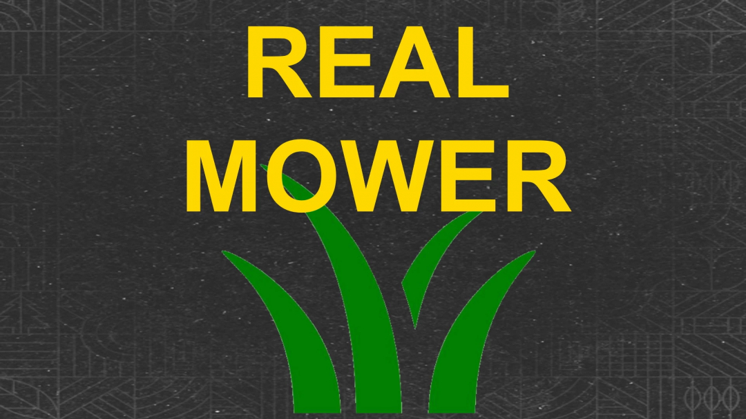 FS25 mod Real Mower v1.0.0.0 title screen with green grass icon.