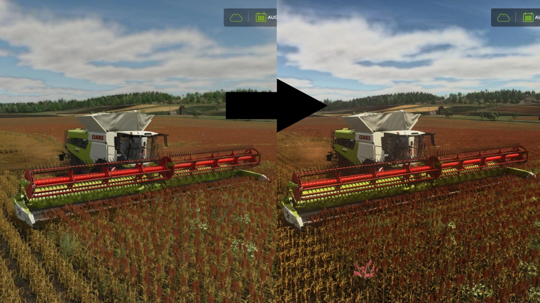 Farming Simulator 25 mod: Realistic RayTracing Reshade Preset v2.0.0.0 demonstrating enhanced graphics comparison with a combine harvester.