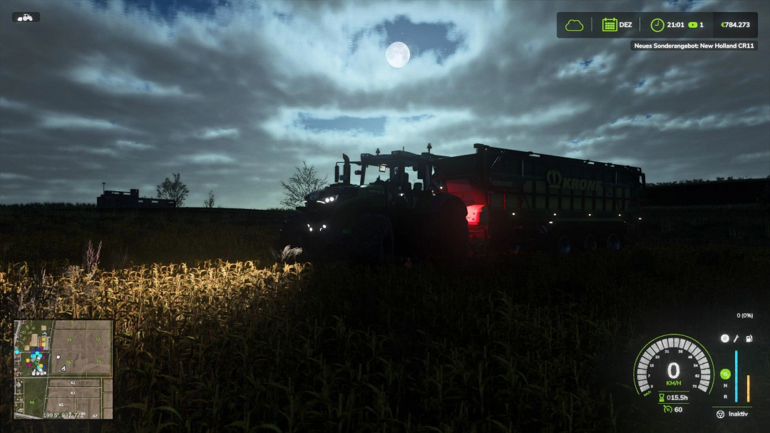 FS25 mod Realistic RayTracing at night showing a tractor with trailer in a field under a full moon.