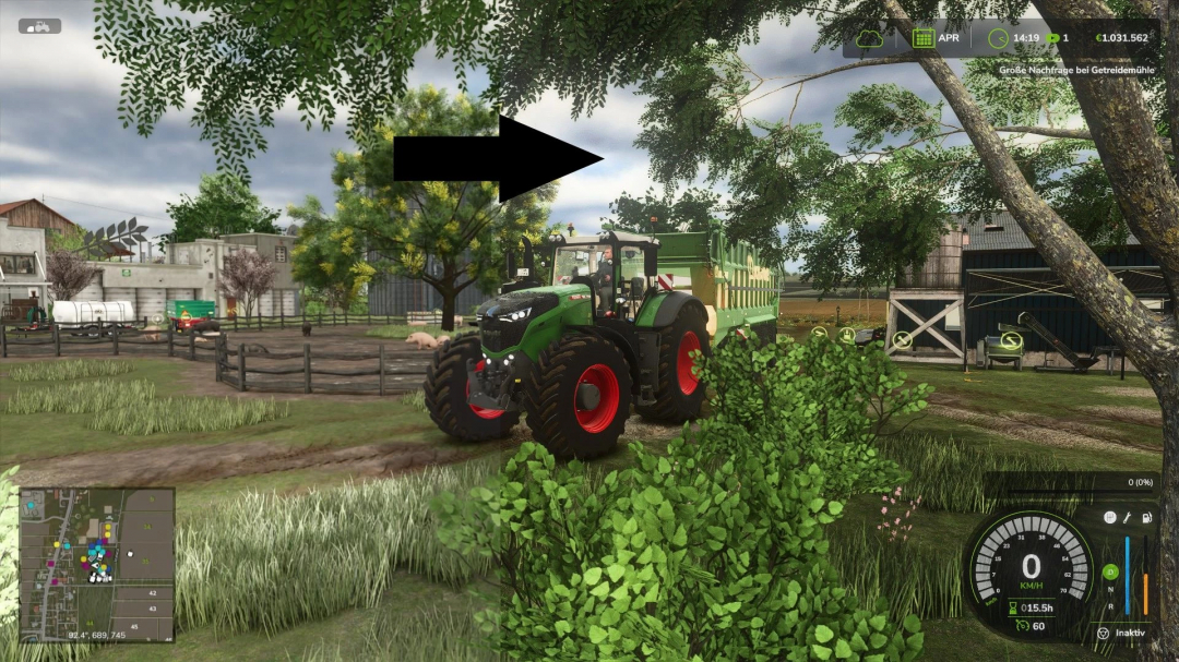 FS25 mod: Tractor on a farm with Realistic RayTracing Reshade Preset v2.0.0.0, showcasing enhanced graphics.