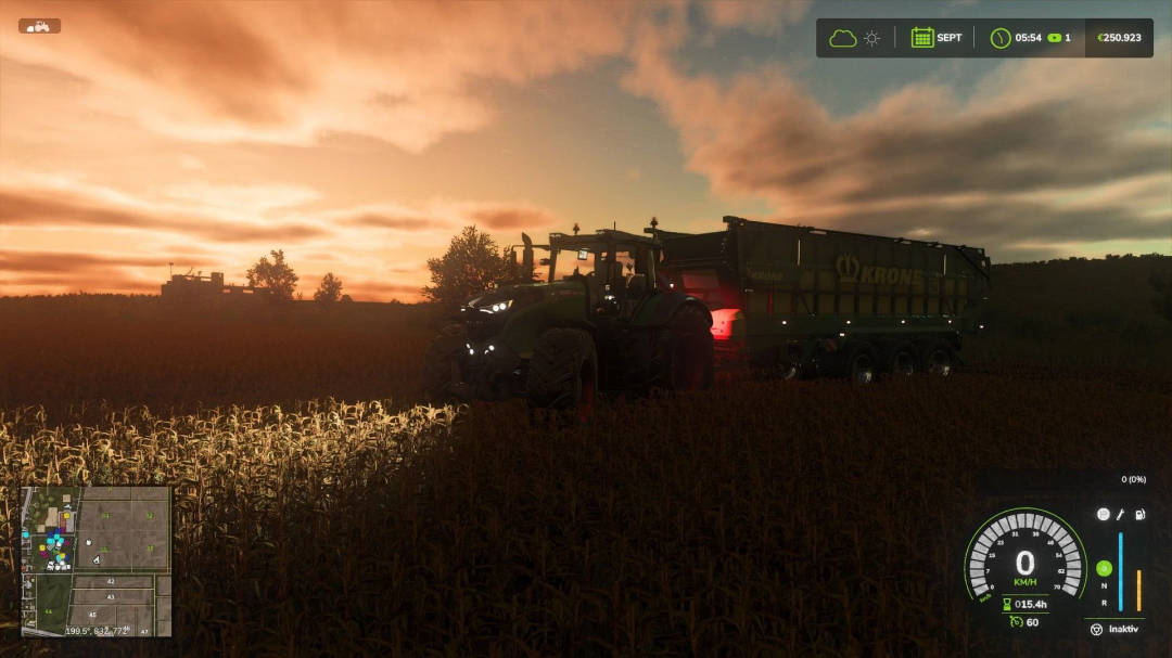 FS25 mod Realistic RayTracing Reshade Preset shows tractor at sunset in field.