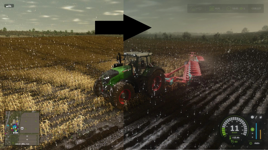 Farming Simulator 25 mod showing Realistic RayTracing Reshade Preset v2.1.0.0 with enhanced graphics on a tractor in a field.