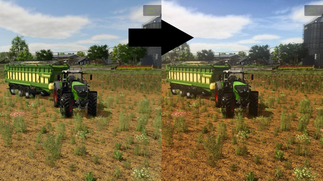 Comparison of FS25 graphics with and without Realistic RayTracing Reshade Preset, featuring a tractor in a field.