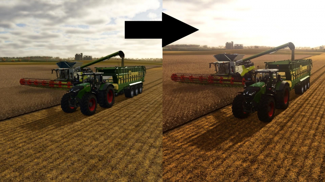 Comparison of FS25 graphics with Realistic RayTracing Reshade Preset mod. Enhanced lighting and detail in farming scene.